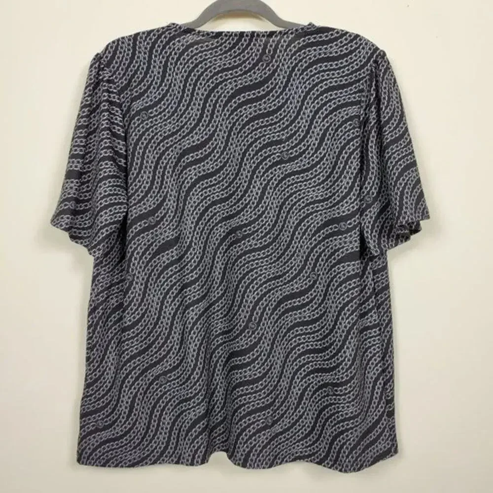 Michael Kors Chain Print Top Women Size PXL Black Silver Short Sleeve NEW